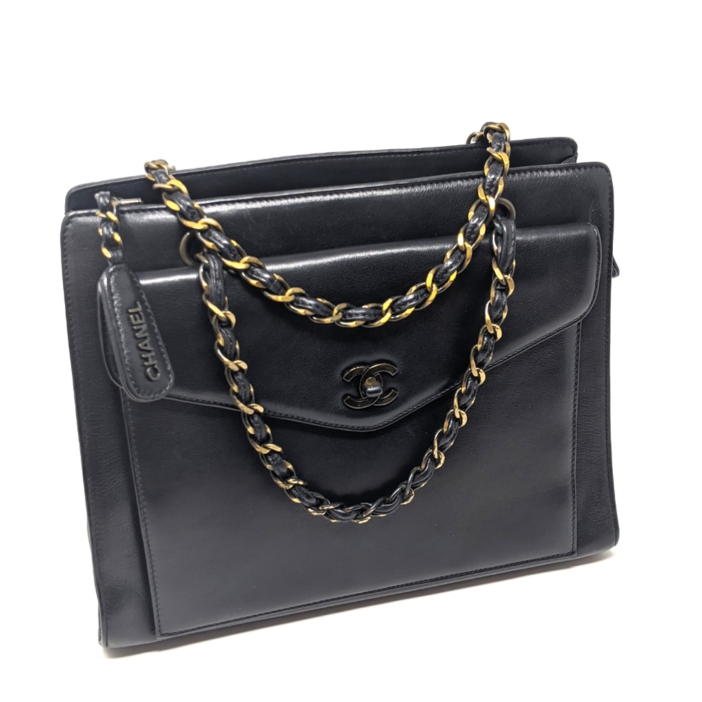 🚨Sale HPx 2🎉CHANEL BlACK BAG FRONT FLAP CHAIN TOTE Black Gold Hardware